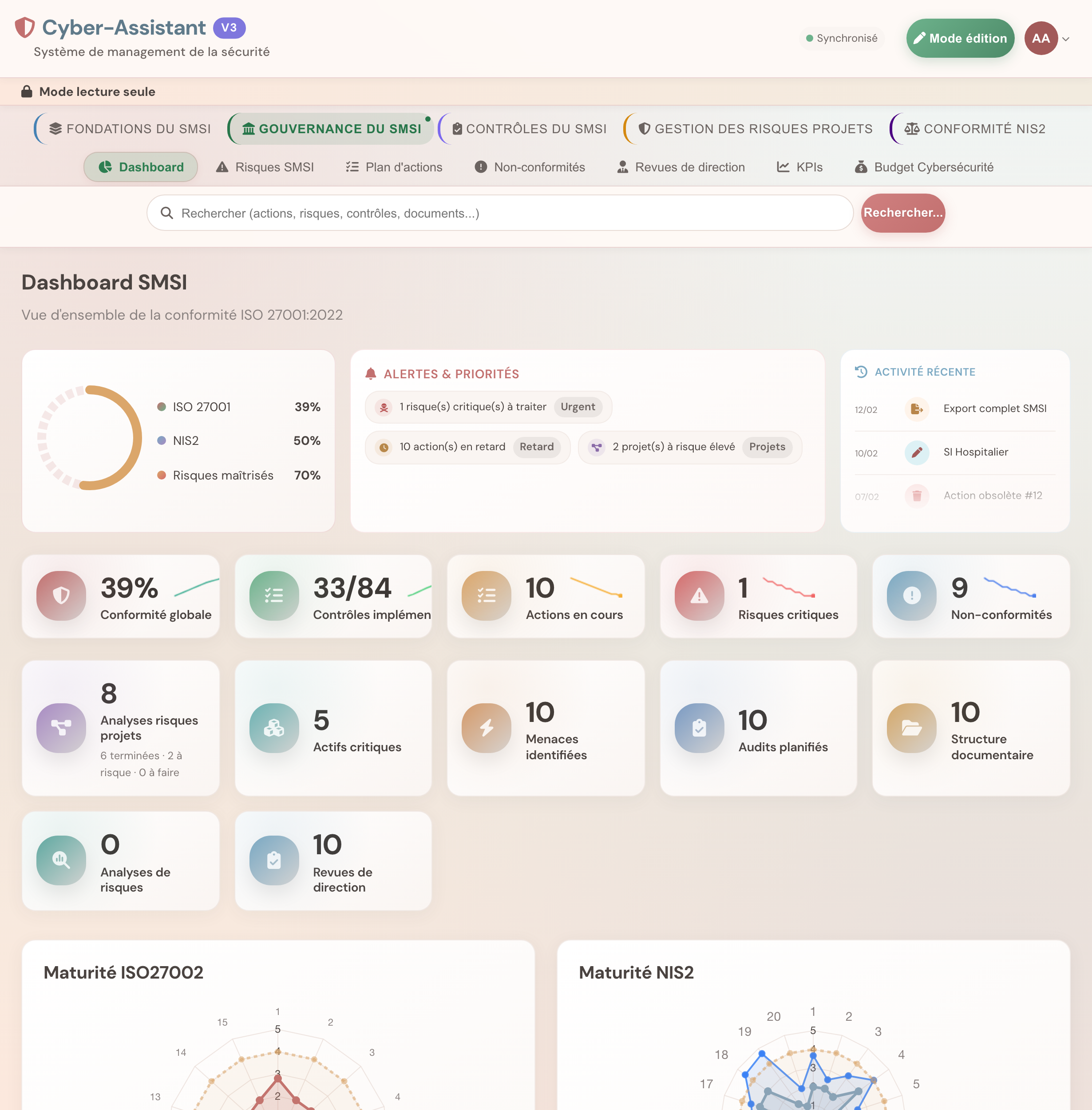 Cyber Assistant - Outil de gestion SMSI gratuit avec tableau de bord conformité ISO 27001, ISO 27002, NIS2 et CyFun CCB