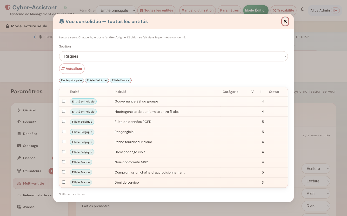Vue consolidée multi-entités — risques agrégés par entité