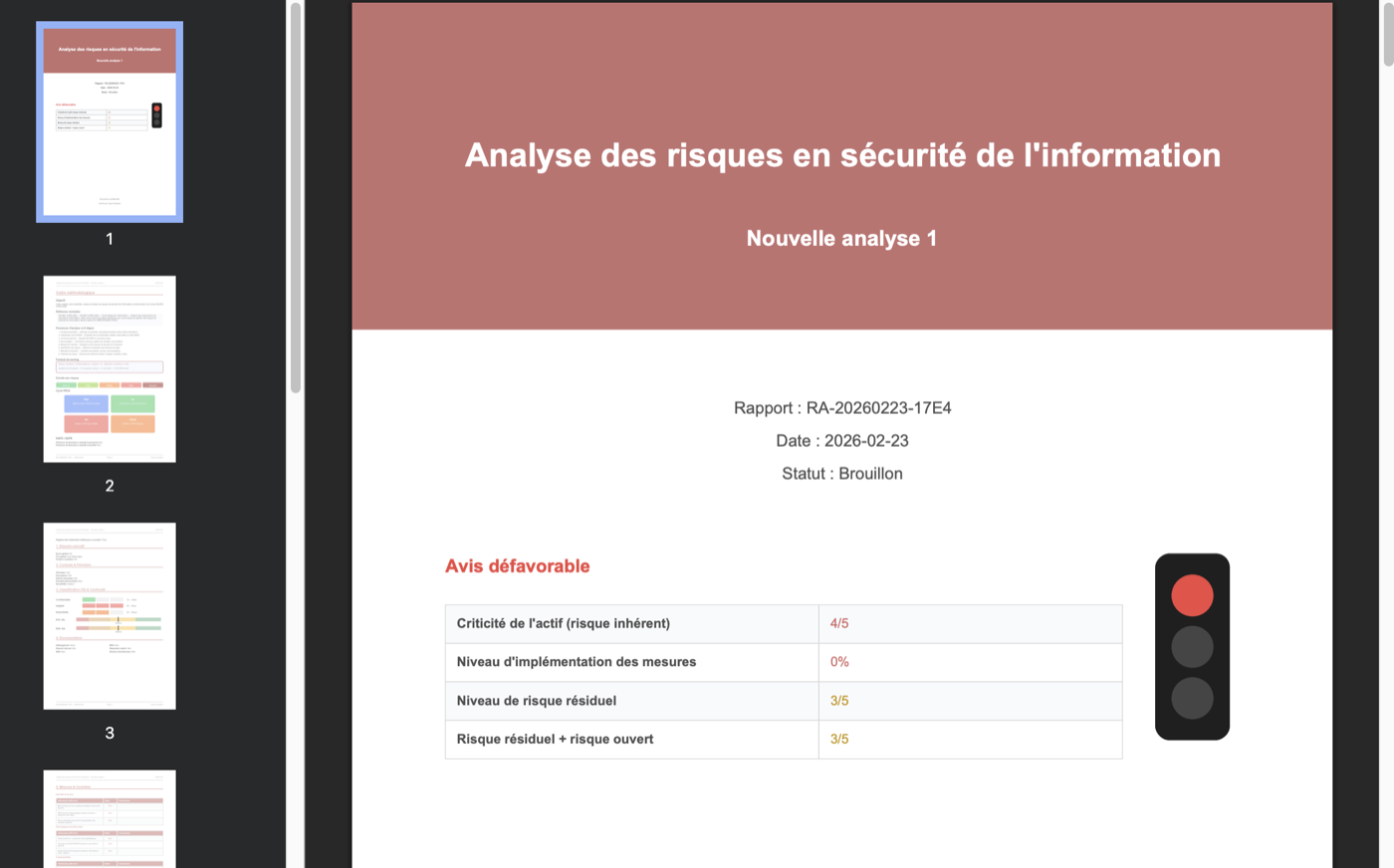 Rapport PDF d'analyse de risques - Page de garde et synthèse exécutive avec feu tricolore